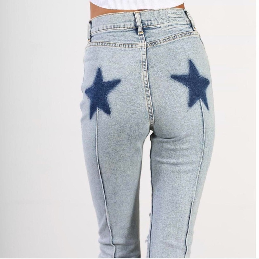 REVICE Light Wash Skinny Jeans with Navy Star Patches